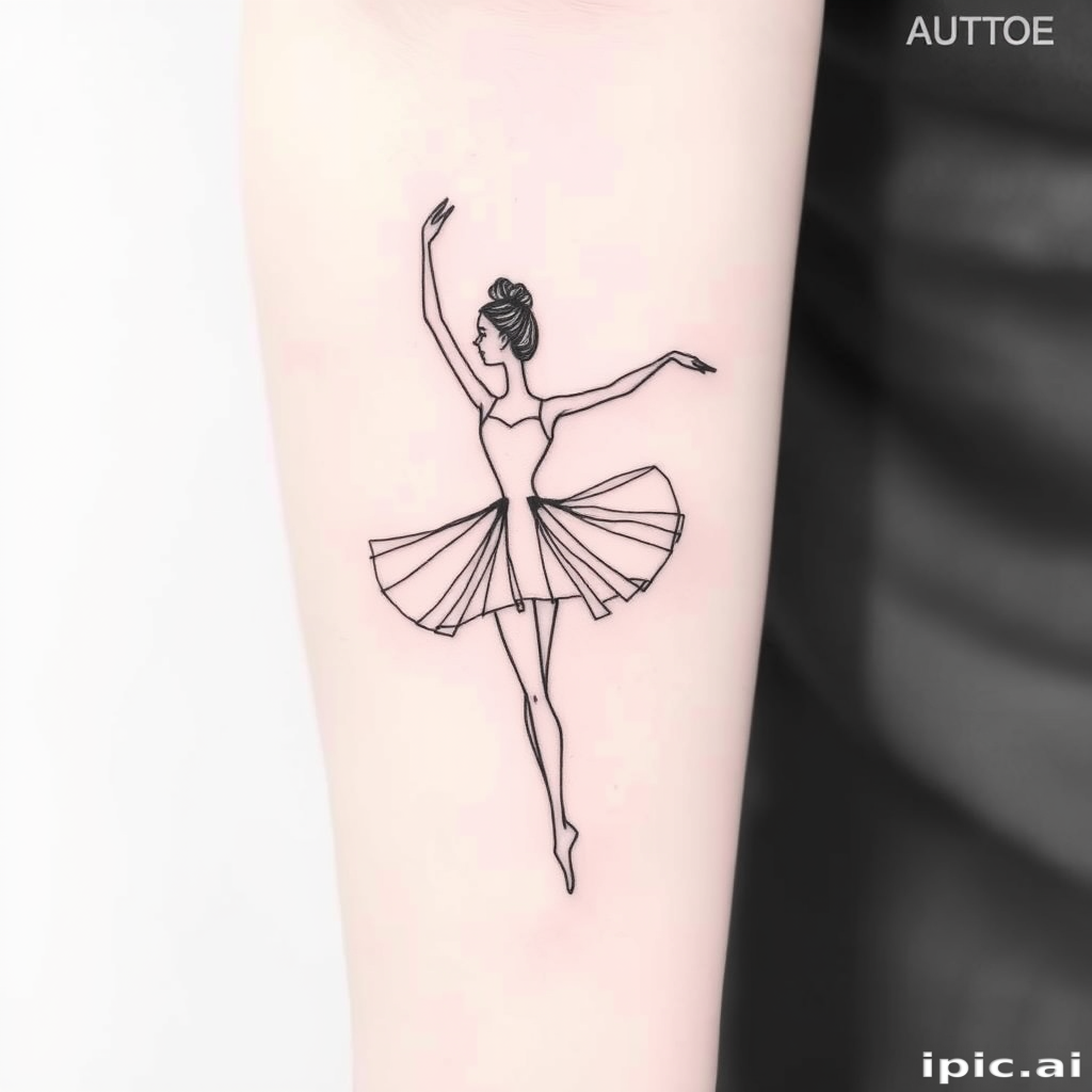 Minimalist line art tattoo "Whispered Silhouette" depicting a graceful ballerina in continuous single-line black ink, with subtle shading and negative space creating depth and movement