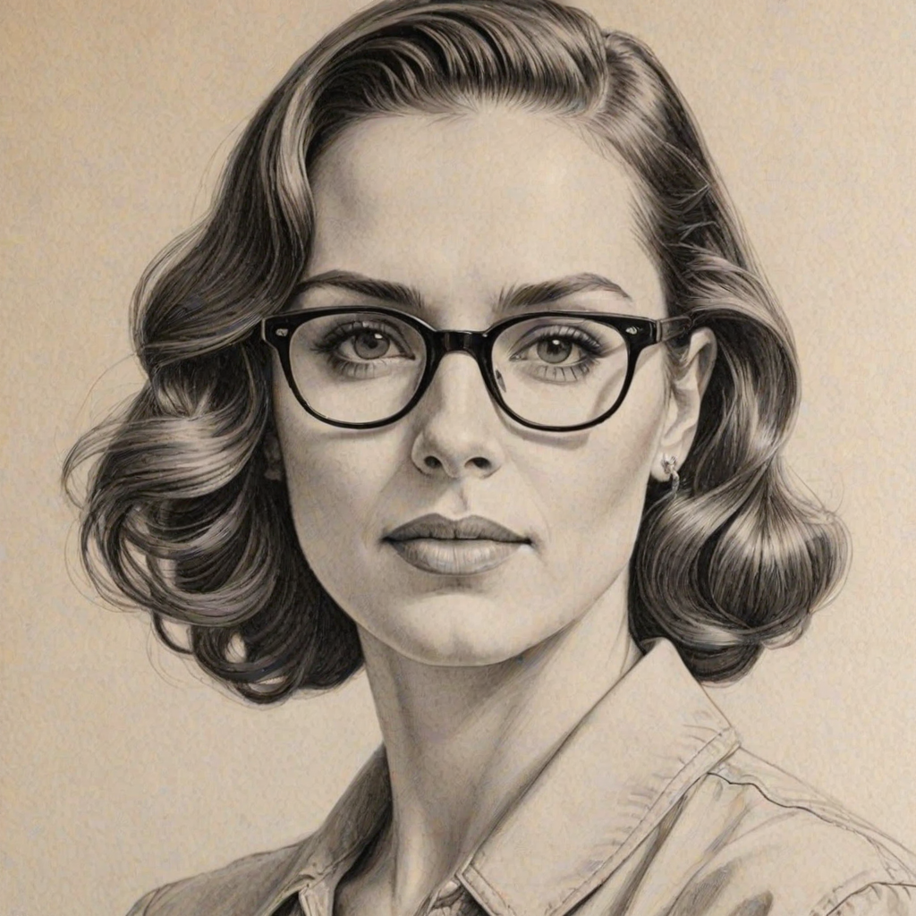 Sublime Melanie Chisholm, pencil sketch, portrait of Gorgeous woman 1942s in glasses, hair style beatnik, outline, clear lines, fine lines, 8k
