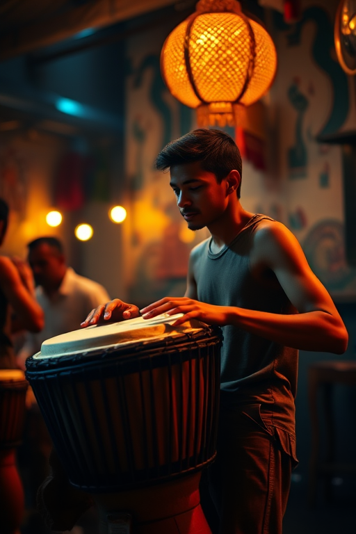 A young man playing a djembe drum in a dimly lit, culturally enriched environment, capturing the rhythm and passion of the moment with warm lighting, using a Canon EOS R5, 50mm f/1.2 lens, ISO 100, aperture f/1.2, shutter speed 1/100s, with a shallow depth of field to emphasize the subject.