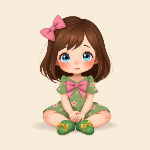 digital illustration of a kid girl with brown hair and blue eyes, sitting on the floor with her legs crossed and her hands resting on her knees. she is wearing a green floral dress with a pink bow on the front and a pair of green shoes with gold ribbon. She has a pink bows on her head. The background is a light beige color with a subtle texture. whimsical and dreamy.The color scheme is soft and muted pastel.