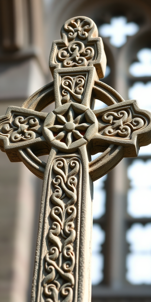 Celtic cross with intricate carvings, soft natural light, f-stop 4.0, shutter speed 1/250s, ISO 200, macro lens, shallow depth of field, taken from a slightly low angle for emphasis, DSLR camera.