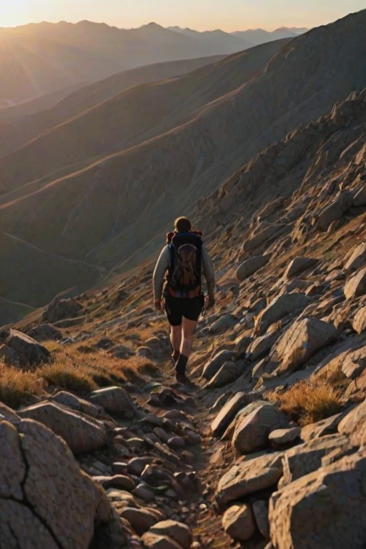 Blurry action shot of a hiker ascending a rocky trail at dusk, soft golden light casting long shadows over the landscape, with distant mountains and valleys barely visible in the fading light.