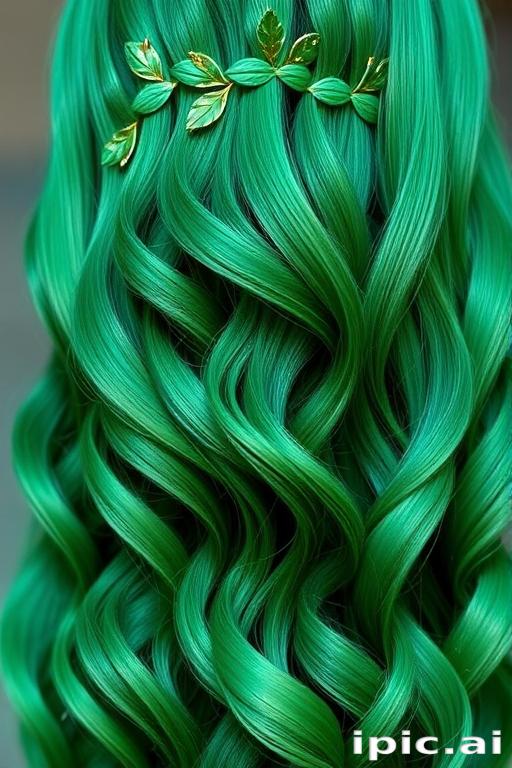Striking emerald green mermaid waves named "Enchanted Forest" flow gracefully down to the waist, adorned with tiny leaf-shaped clips and shimmering golden accents