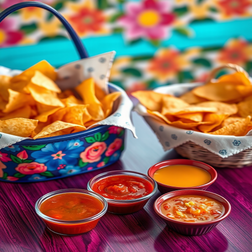 Capture a vibrant tabletop scene featuring a floral handbag beside a basket of tortilla chips and three small bowls of salsa and dipping sauces, using a Canon EOS R5, 50mm lens, f/1.8 aperture, ISO 200, natural light, and a slightly elevated angle for a dynamic composition.