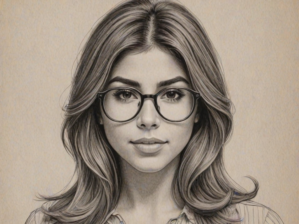 Alluring Daniella Monet, pencil sketch, portrait of Splendid woman 1972s in glasses, hair style beatnik, outline, clear lines, fine lines, 8k