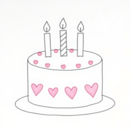 Draw a simple birthday cake with three candles on top and pink hearts decorating the sides with a plate underneath the cake.