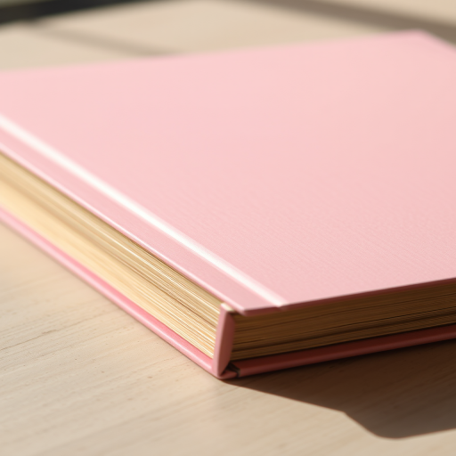 Regenerate an image of a closed book with a pink cover and light beige spine, using a DSLR camera with a 50mm lens, aperture set to f/1.8 for shallow depth of field, ISO 200 for minimal noise, shot from a 45-degree angle to emphasize dimension, in natural daylight for soft shadows.