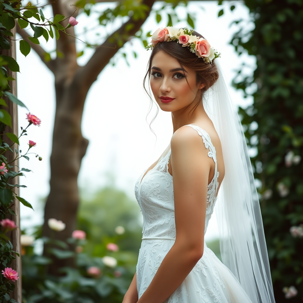 Garden scene, bridal model, delicate lace gown, floral headpiece, soft romantic focus, high-key lighting and an 85mm lens for soft, even tones that highlight the model’s face and bright outfit against a white or light background