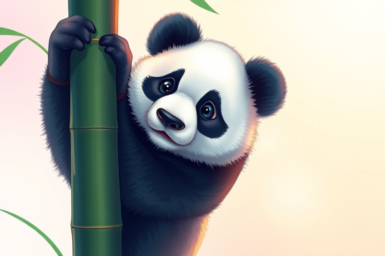 Create a high-resolution digital illustration of a panda climbing a bamboo pole, using vibrant colors and smooth gradients, with a focus on the panda's expressive eyes and fur texture, captured with a 50mm lens, f/2.8 aperture, and soft lighting effect in a studio setting.