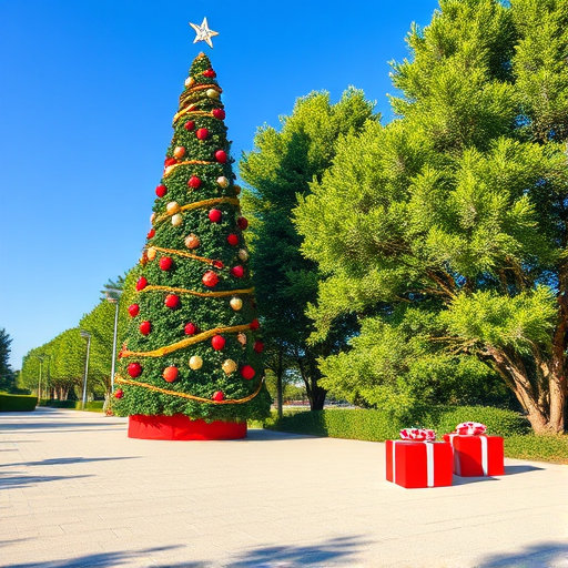 Generate an image of a festive outdoor scene featuring a tall Christmas tree decorated with colorful ornaments. The tree is surrounded by lush green trees, and there are red gift boxes placed on a smooth, light-colored pavement. The sky is clear and blue, creating a cheerful holiday atmosphere.