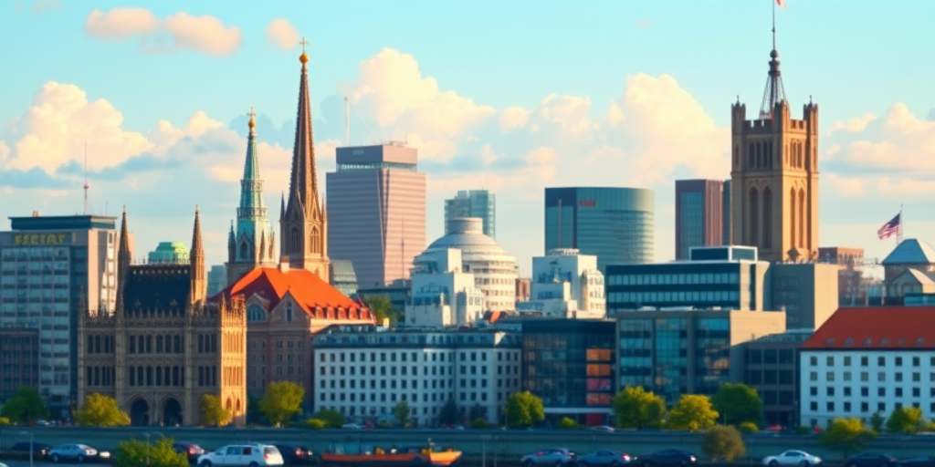 Create a vibrant city skyline illustration featuring distinct architectural styles, include sharp details of gothic spires, modern buildings, and a castle tower, set against a clear blue sky with soft clouds, use a DSLR camera with a 50mm lens, aperture set to f/8 for depth of field, and ISO 100 for optimal clarity.