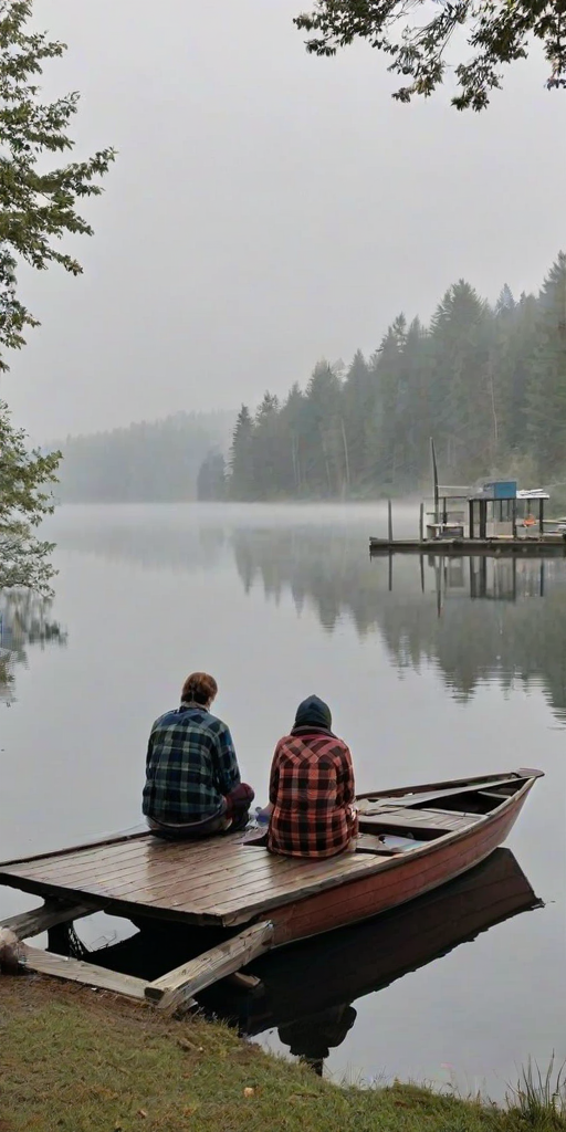 Small dock by a misty lake, with old wooden rowboats tied to the pier, a woman in a flannel shirt sits at the edge, feet dangling, her fishing pole resting beside her.