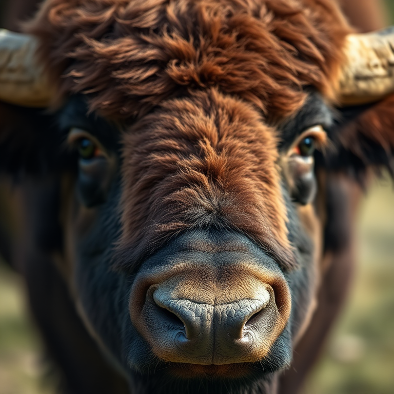 Regenerate a close-up image of a bison with a focus on its textured fur and prominent horns, shot with a DSLR camera at f/2.8, ISO 200, 50mm lens, natural light, shallow depth of field for a blurred background.