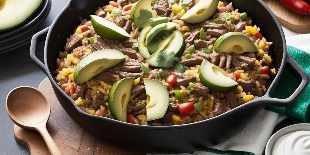 Delicious Beef and Rice Casserole Topped with Fresh Avocado and Cilantro.