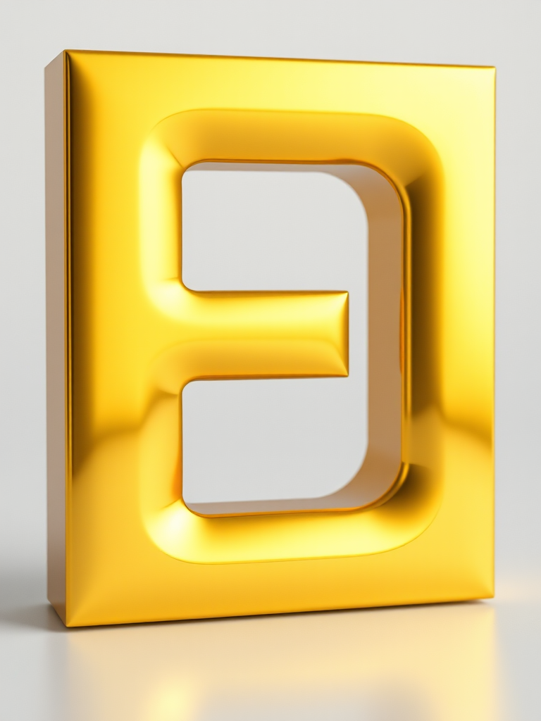 Create a high-resolution image of a shiny golden letter E with a smooth, reflective surface, using a DSLR camera with a 50mm lens, aperture f/2.8, ISO 100, and a shallow depth of field, shot from a 45-degree angle with soft lighting to enhance details.