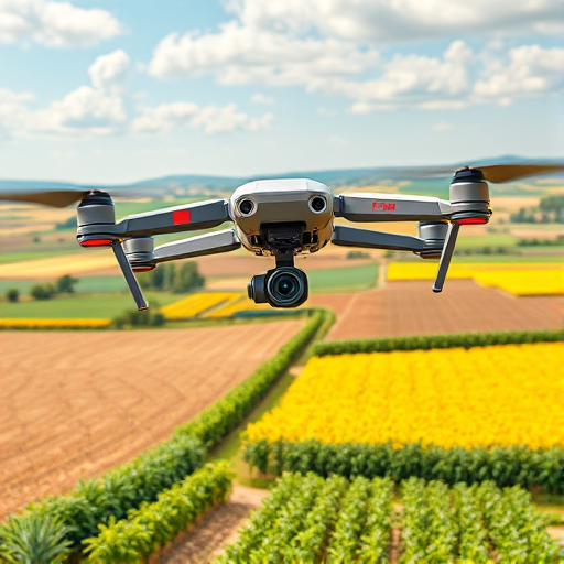 Create a detailed illustration of a drone equipped with an agricultural surveying camera flying over a vibrant farm landscape, showcasing fields and crops, with a wide-angle view, using a high-resolution digital art style, simulating a Canon EOS R5 camera at f/8, ISO 100, and a 24mm lens to capture sharp details and rich colors.