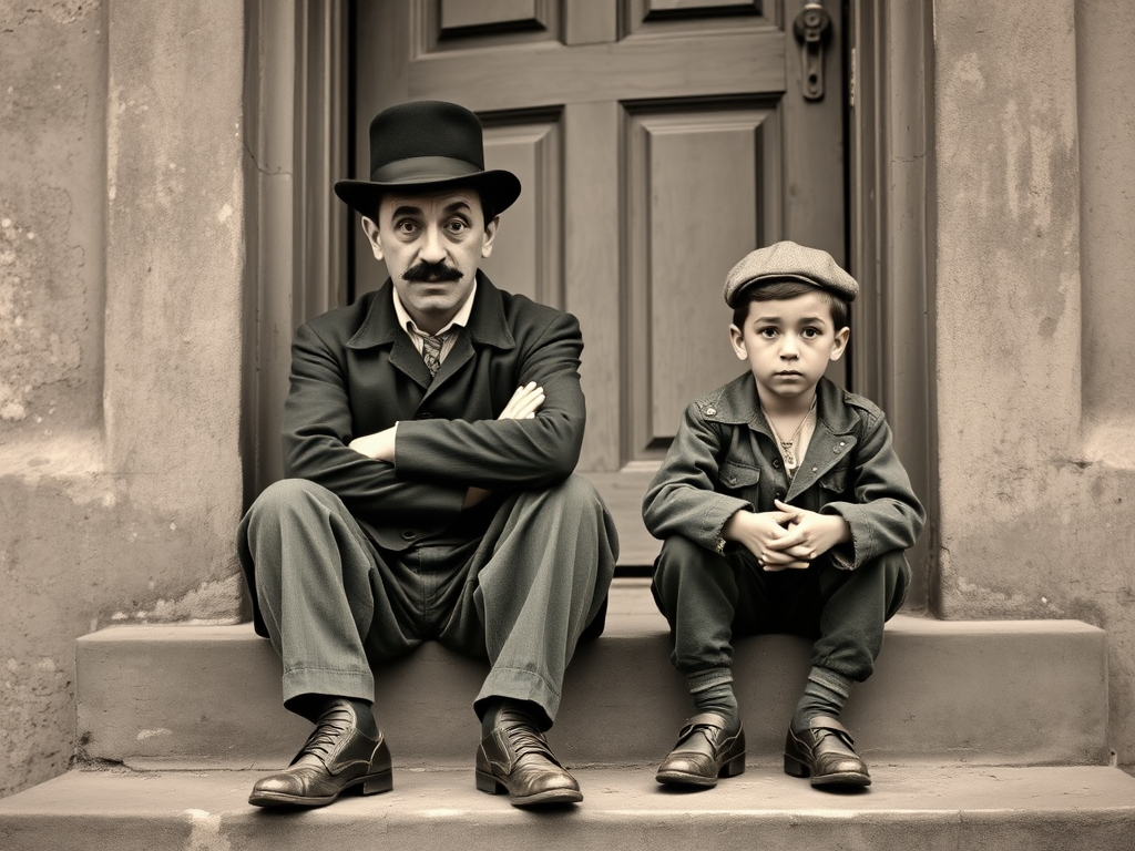 A black-and-white photograph of a man and a child sitting on steps in front of a doorway. The man is dressed as a tramp with a bowler hat, mustache, and ragged clothes, reminiscent of Charlie Chaplin's iconic look. He is sitting with his arms crossed and an expression of slight sadness or frustration. Next to him is a young boy, also in worn clothes and a cap, sitting with his hands clasped, looking thoughtful. The background is an old, textured wall and a partially open door, creating a vintage, early 20th-century atmosphere.