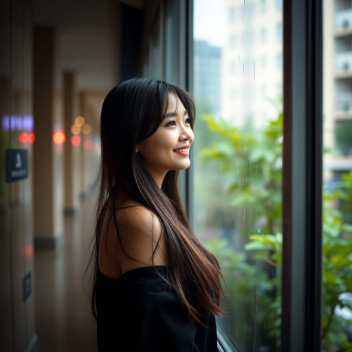 Create an image of a young woman with long dark hair standing in a rainy urban setting, smiling softly while looking out a window, capturing soft natural lighting, depth of field, and vibrant greenery in the background; use a Canon EOS R5, 50mm lens, f/1.8 aperture, ISO 200, and a warm color palette for enhanced image quality.