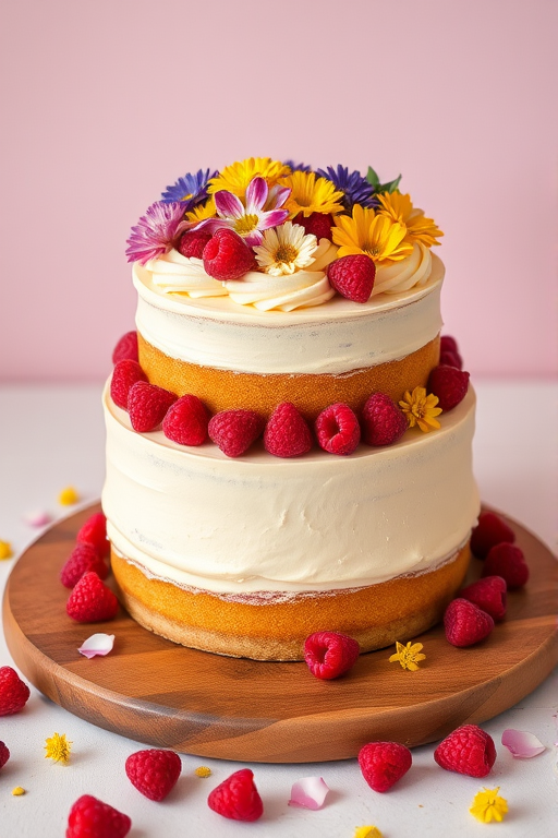A beautifully decorated two-layer cake with creamy frosting topped with colorful edible flowers and fresh raspberries on a wooden platter with some scattered raspberries and flower petals around it against a soft background.