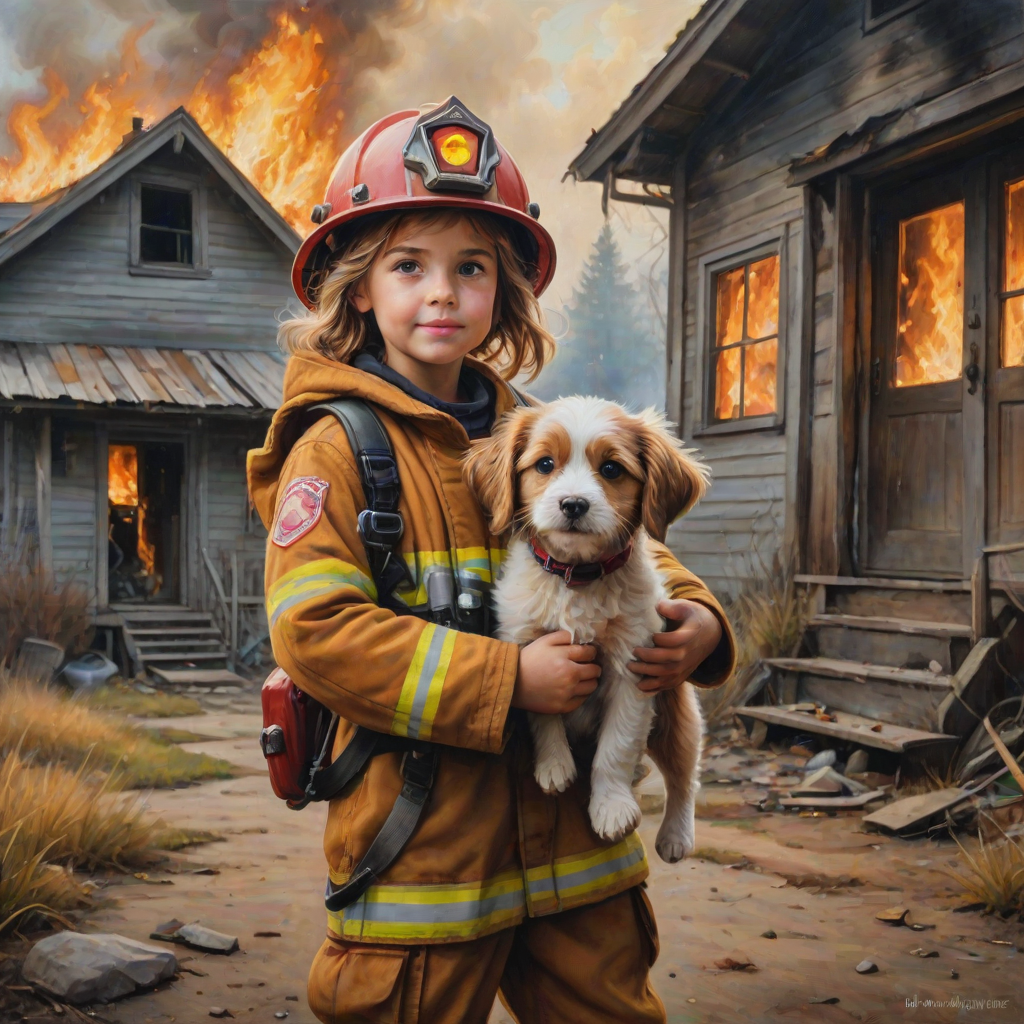 airbrushed oil painting, pixar style, cute little girl in fireman gear, helmet, tousled hair, expressive eyes, standing in the doorstep of a cottage burning behind him, holding a cute little dog in her arm, atumn sky
