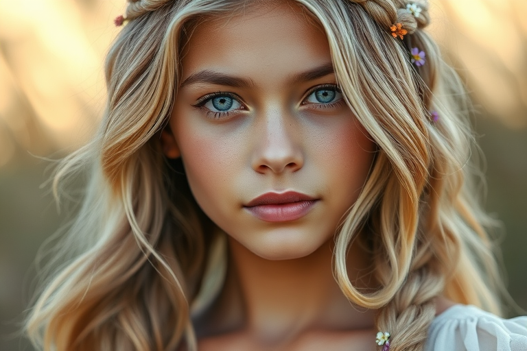 Create an image of a young Latino woman with long, wavy blonde hair, adorned with small, colorful flowers woven into her braids and loose strands. Her complexion is fair, with soft, glowing skin, and she has light blue eyes that gaze softly at the viewer. She wears a light, flowing dress with a gentle, ethereal quality, complementing her delicate and serene appearance. The background is slightly blurred, drawing focus to her tranquil expression and the intricate details of the flowers in her hair. The overall mood of the image is one of natural beauty and grace, evoking a sense of peacefulness and connection with nature.