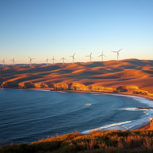 Generate a high-resolution landscape image of a coastal scene featuring rolling hills with wind turbines in the background, captured with a Canon EOS R5 using a 24-70mm f/2.8 lens at f/8, ISO 100, and a shutter speed of 1/200s, taken during golden hour to enhance colors and shadows.