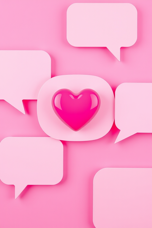 Create a vibrant pink background featuring layered speech bubbles with a glossy heart icon, using a Canon EOS R5 camera, 50mm lens, f/1.8 aperture, ISO 100, and a shallow depth of field to enhance color saturation and clarity.