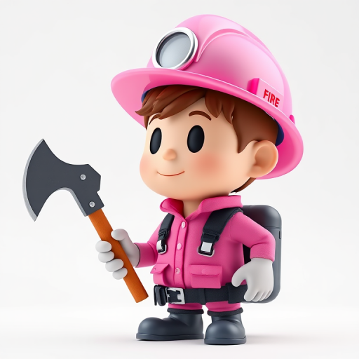 3D character holding a fire axe in a pink hard hat, white background, soft lighting, DSLR camera, aperture f/2.8, ISO 100, 50mm lens, focus on character, high resolution.