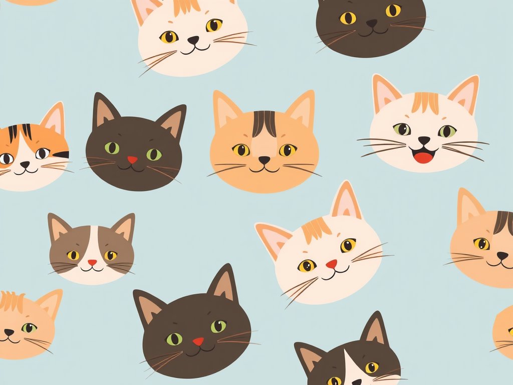 Pattern of various cat faces in a playful design on a soft blue background, high resolution, close-up view, studio lighting, digital illustration style, DSLR camera, f/2.8 aperture, 50mm lens, ISO 100.