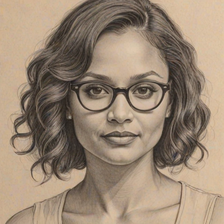 Delightful Danielle Nicolet, pencil sketch, portrait of Pleasing woman 1922s in glasses, hair style beatnik, outline, clear lines, fine lines, 8k