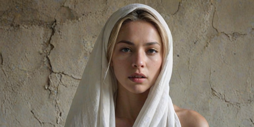 Create a close-up photographic image of a Eurasian woman with light skin tones shown against an old, worn wall. Their head is wrapped in a white cloth covering (i.e.... parts of the head except the nose and mouth, which are open as if they are screaming...), with a slight texture and visible folds in the fabric. Thin strands of blonde hair escape from the wrapping above, falling lightly at the top and sides. Their hands hold the fabric as if they are tugging nervously. The lighting is dramatic and even, casting strong shadows. The image has a minimalist and surreal style with an emphasis on simplicity with soft color tones. The composition is centered.