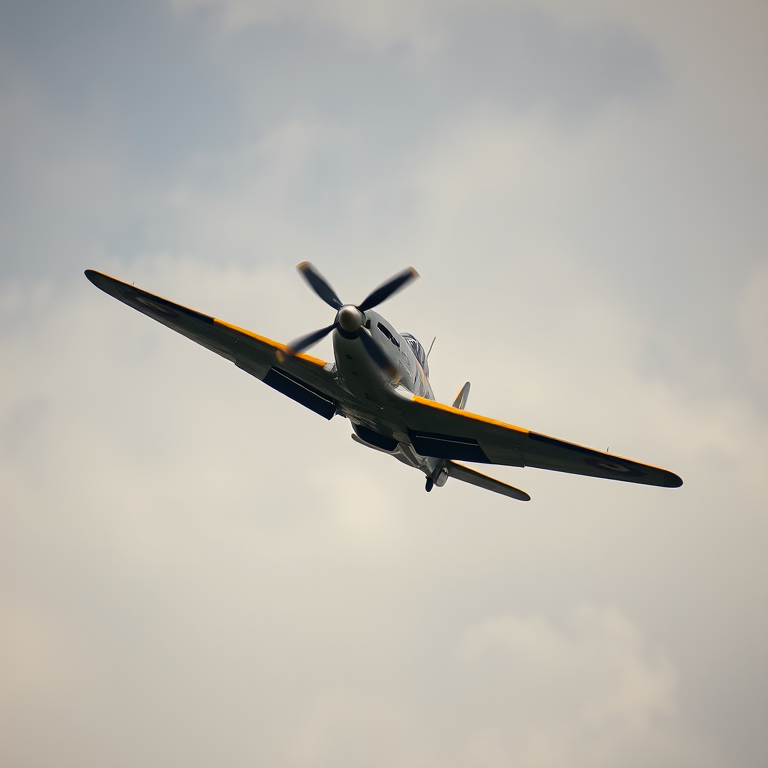 Capture a vintage airplane in mid-flight against a cloudy sky, using a DSLR camera with a 50mm lens, aperture set to f/4, shutter speed 1/500 sec, ISO 200, with a slightly low angle view to emphasize the aircraft's wingspan and details.