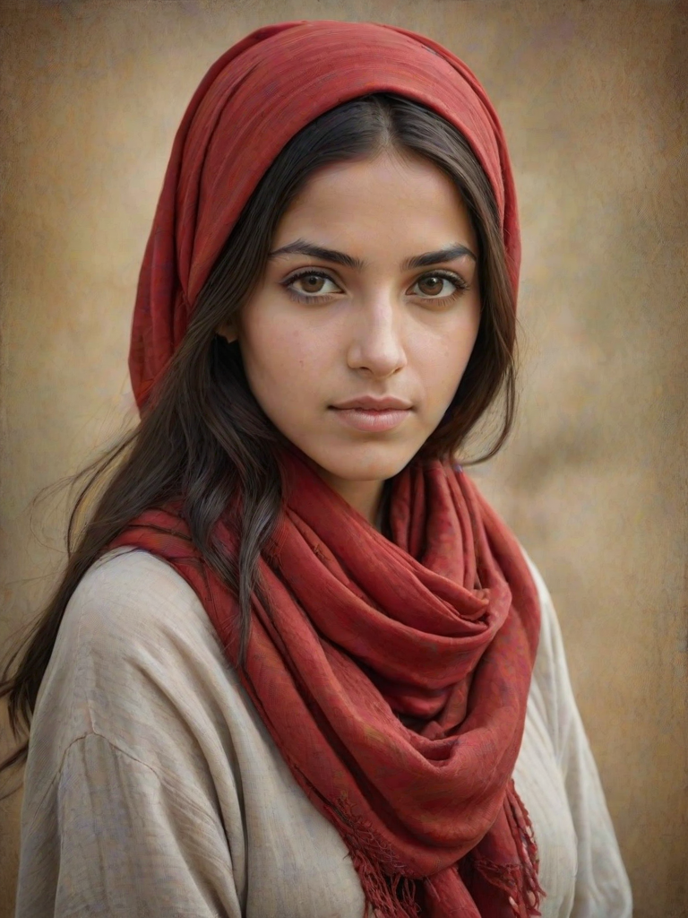 Create a portrait of a young Berber woman with long, dark hair and captivating hazel eyes. She is wearing a red headscarf and a matching scarf draped gracefully around her neck. The background is softly blurred, focusing attention on her serene and natural expression. The overall color palette is muted and warm, enhancing the intimate and authentic feel of the portrait.
