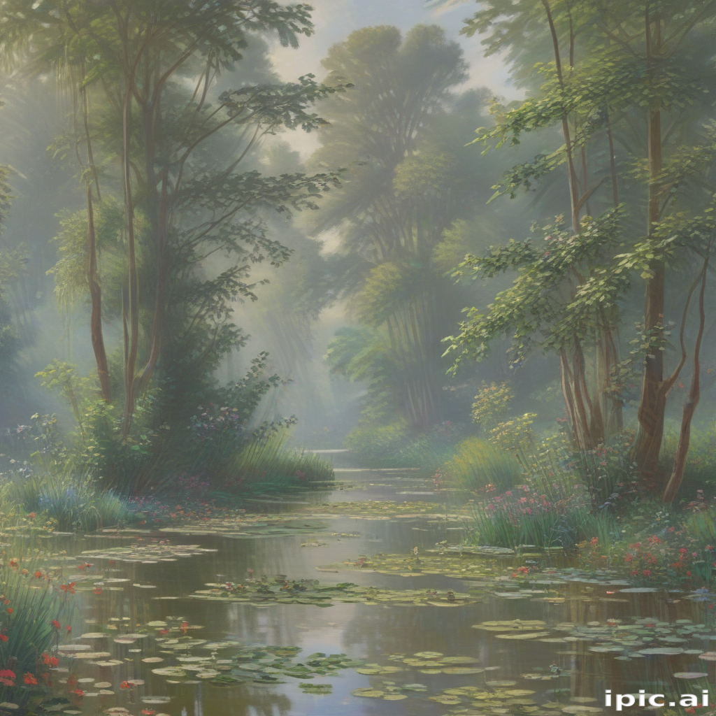 Serene Morning Light Filtering Through Lush Green Forest by Tranquil Water