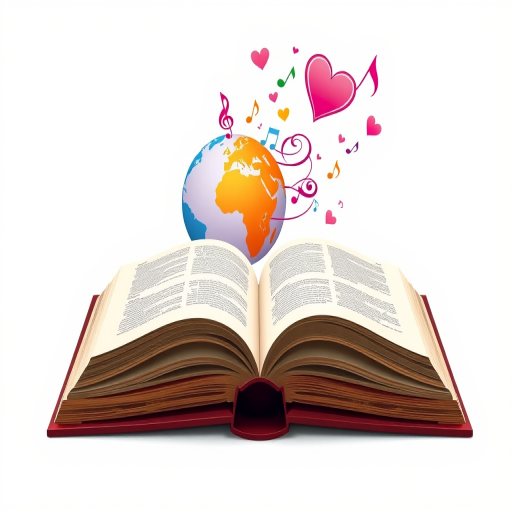Create an illustration of an open book with a colorful globe beside it, featuring whimsical musical notes, hearts, and swirls floating above the book, shot with a 50mm lens at f/2.8, ISO 100, natural lighting, in a flat lay view for a clean and vibrant look.