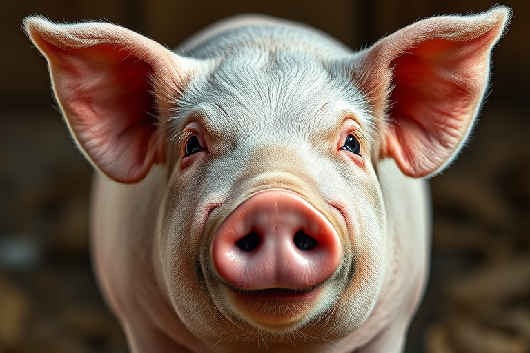 Create a highly detailed illustration of a pig with soft, realistic textures, using a Canon EOS 5D Mark IV with a 50mm f/1.8 lens, aperture set to f/2.8, ISO 100, and natural light from the front to enhance the image quality and depth.