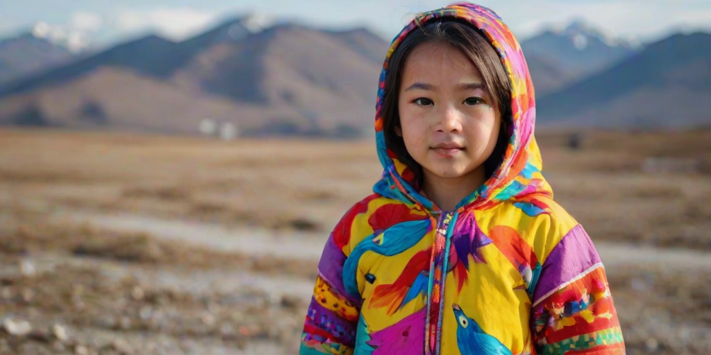 A beautiful Eurasian girl, wearing colorful bird clothing with vibrant colors