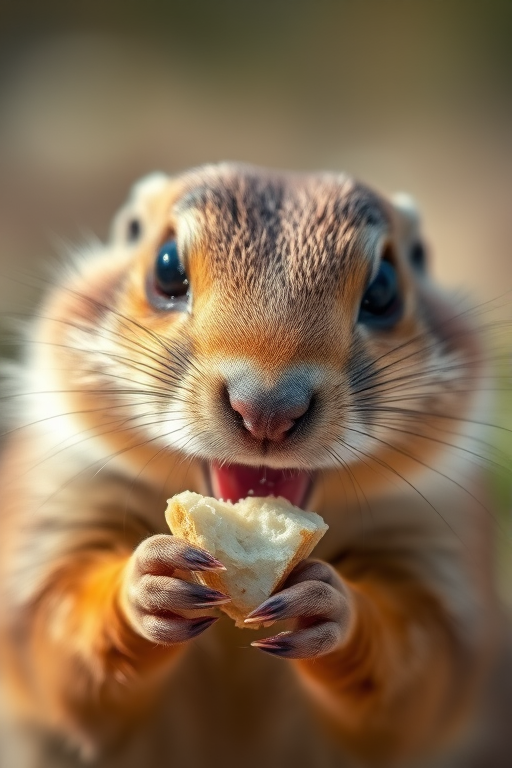 A close-up of a prairie dog eating a piece of food, shallow depth of field, 50mm lens, f/2.8 aperture, ISO 200, natural lighting, captured with a DSLR camera, focus on the animal's face with a soft blurred background.