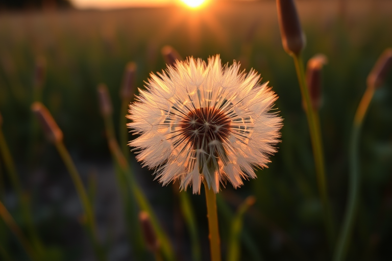 This is a photographic print, a close-up photo of a dandelion in a meadow, with the setting sun illuminating the edges of the dandelion.