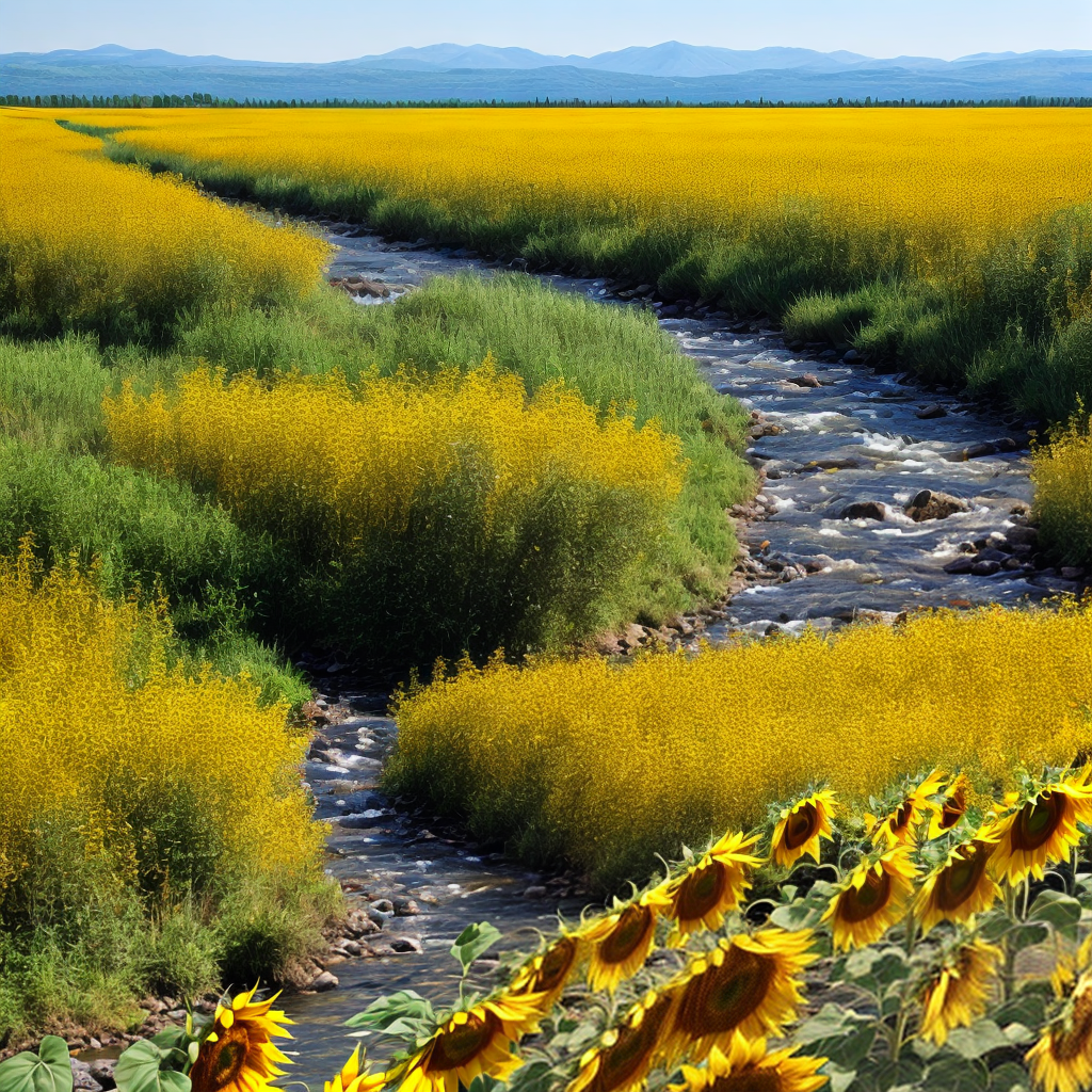 Nature with a tree Sunflower plain sunrise mountains and a river