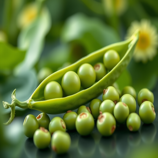 Create a vibrant digital illustration of a green pea pod with several peas scattered around, using a soft focus lens, wide aperture of f/2.8 to create a shallow depth of field, taken from a slightly elevated angle to emphasize the pod's curve, in a high-resolution format suitable for print.