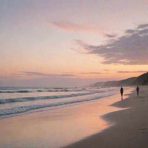 Soft-focus image of a tranquil beach at sunset, with gentle waves lapping at the shore, soft pastel hues in the sky, and a silhouette of a couple walking hand in hand.