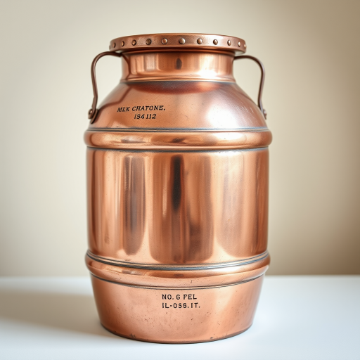 Create an image of a vintage copper milk churn displayed against a neutral background, shot with a DSLR camera, aperture f/2.8, shutter speed 1/250 sec, ISO 100, using a macro lens for enhanced detail and clarity.