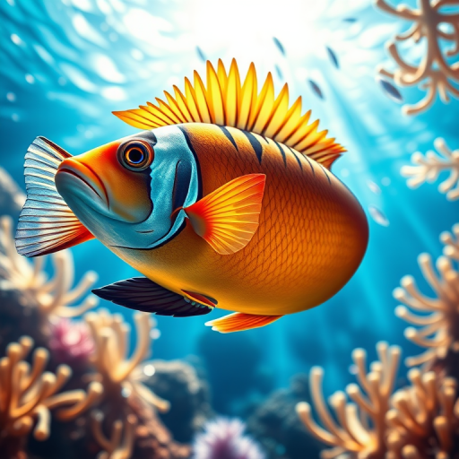 create an illustration of a vibrant tropical fish with detailed fins and a colorful body in a bright underwater environment, ISO 100, f/8, 1/200s, macro lens, top-down view, digital art style