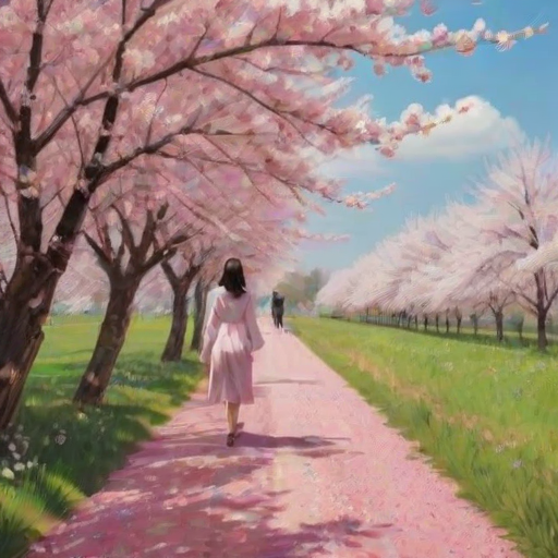 Serene countryside road, lined with blooming cherry trees, a woman walks slowly down the path, the pink petals floating through the air around her.