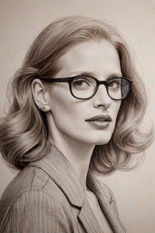 Fetching Jessica Chastain, pencil sketch, portrait of Captivating woman 1937s in glasses, hair style beatnik, outline, clear lines, fine lines, 8k