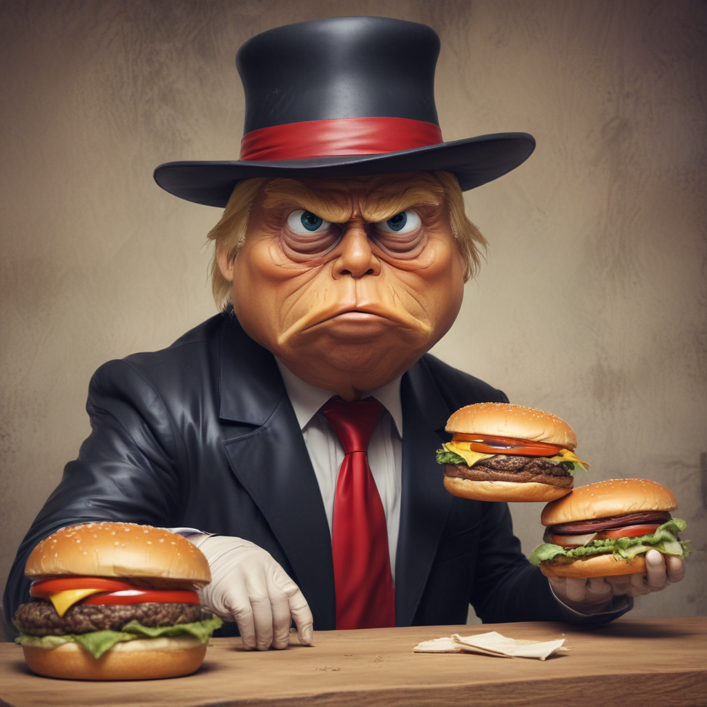 cartoon stylized image of Trump as the Hamburglar stealing burgers