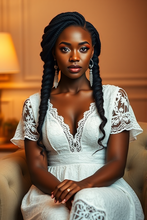 Create a portrait of a refined and elegant African American woman seated in a sophisticated setting. She has long, wavy hair styled in two thick braids that are pulled over her shoulders. She wears a white, lace gown with intricate patterns, featuring a deep V-neckline and short sleeves. The dress exudes a vintage charm with its delicate lacework. She is adorned with ornate, dangling earrings that add a touch of glamour to her appearance. The background is softly lit, with warm, ambient lighting that creates a cozy and inviting atmosphere. Her expression is poised and serene, capturing a sense of grace and elegance.