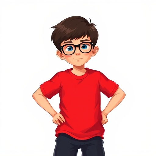 A vector illustration of a young boy with glasses wearing a red shirt and black shorts, standing confidently with his hands on his hips, bright colors, sharp outlines, soft lighting, shot with a Canon EOS R5, 50mm lens, f/1.8 aperture, ISO 100, 1/200s shutter speed.