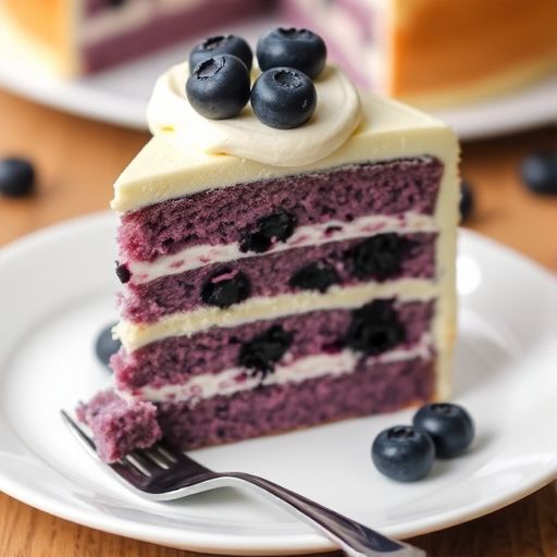 A slice of blueberry cake with creamy frosting on top and fresh blueberries as decoration served on a white plate with a fork beside it. The cake has multiple layers, showcasing a mix of purple and white cream filling.